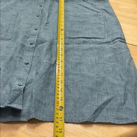 EILEEN FISHER Sleeveless Button Front Shirtdress Washed Organic Linen Blue SZ PL